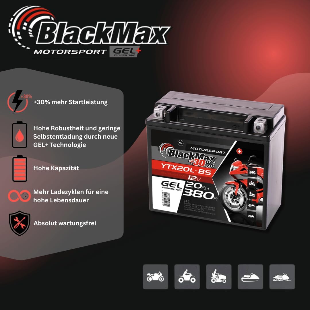 BlackMax YTX20L-BS Motorradbatterie GEL 12V 20Ah GTX20L-BS CTX20L-BS Outlander 20Ah - 340A - YTX20L-