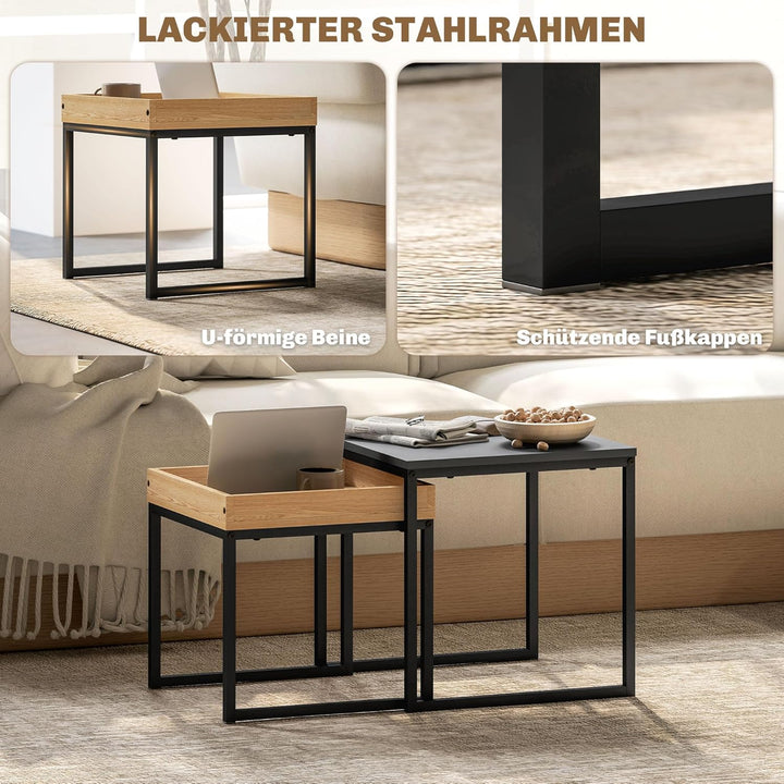 HOMCOM Couchtisch 2er Set Satztisch Quadratischer Beistelltisch mit Abnehmbarem Tablett, Stahlgestel
