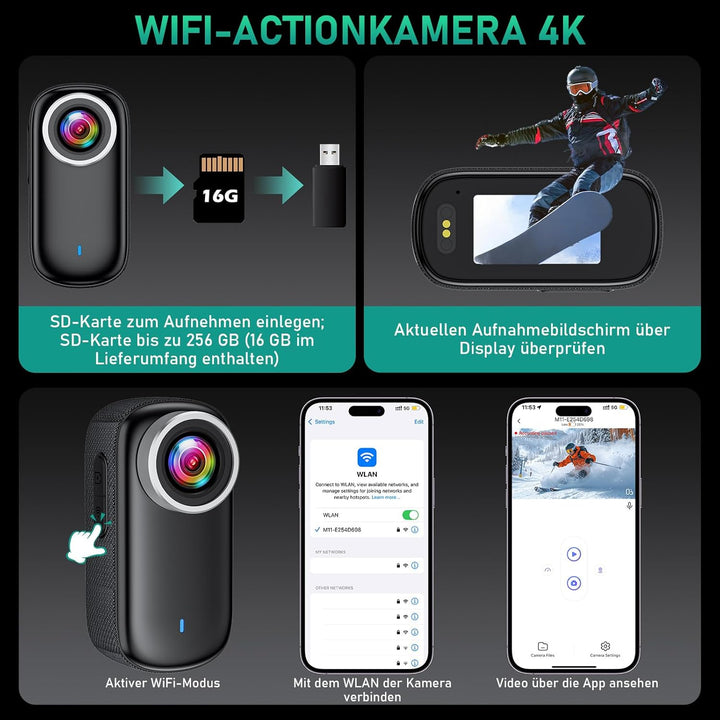 Action Kamera WiFi 4K, Wasserdicht Mini Action Helmkamera, 150° WiFi Sport Actionkamera mit 1,47-Zol