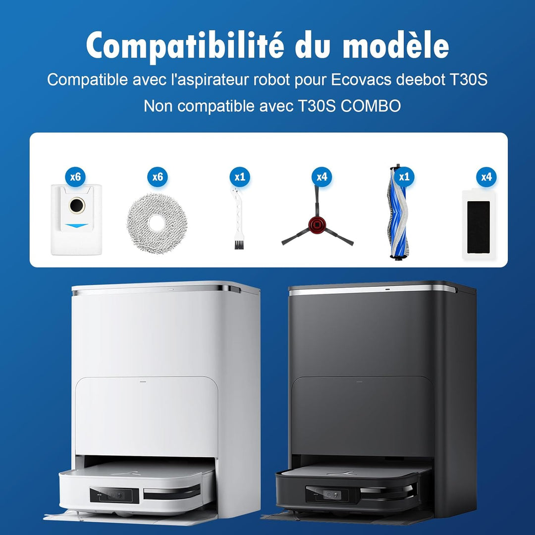 22 Zubehörteile für Ecovacs Deebot T30S / T30s Pro Roboter-Staubsauger, 1 Hauptbürste, 4 HEPA-Filter