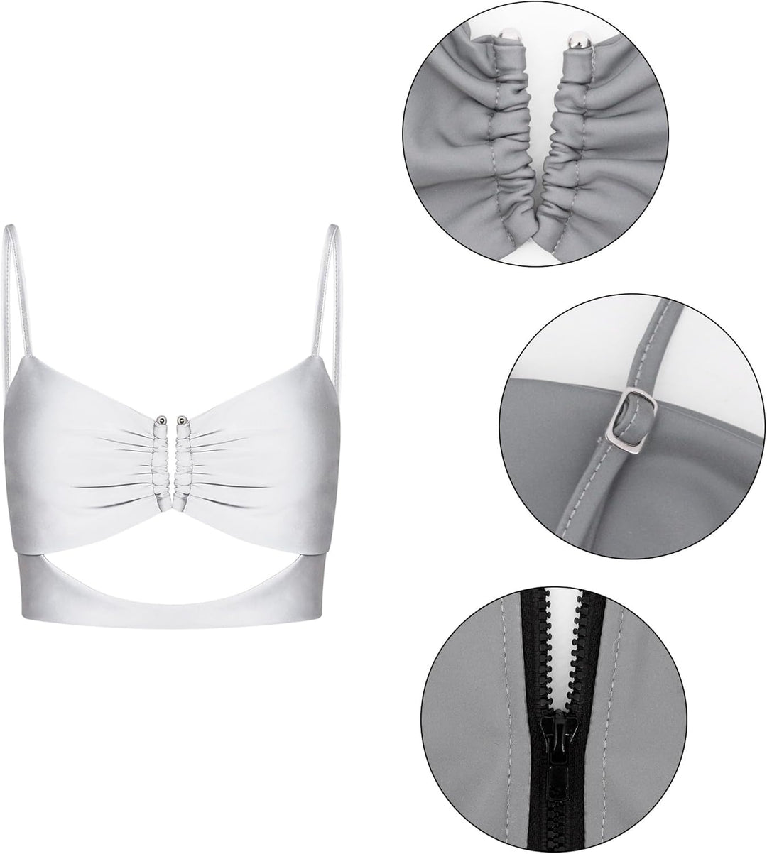 Naimo Damen Metallic Top Reflektierendes Crop Top Sexy Halfter Kette Tank Top Rückenfrei Weste Cami