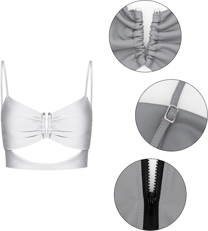 Naimo Damen Metallic Top Reflektierendes Crop Top Sexy Halfter Kette Tank Top Rückenfrei Weste Cami