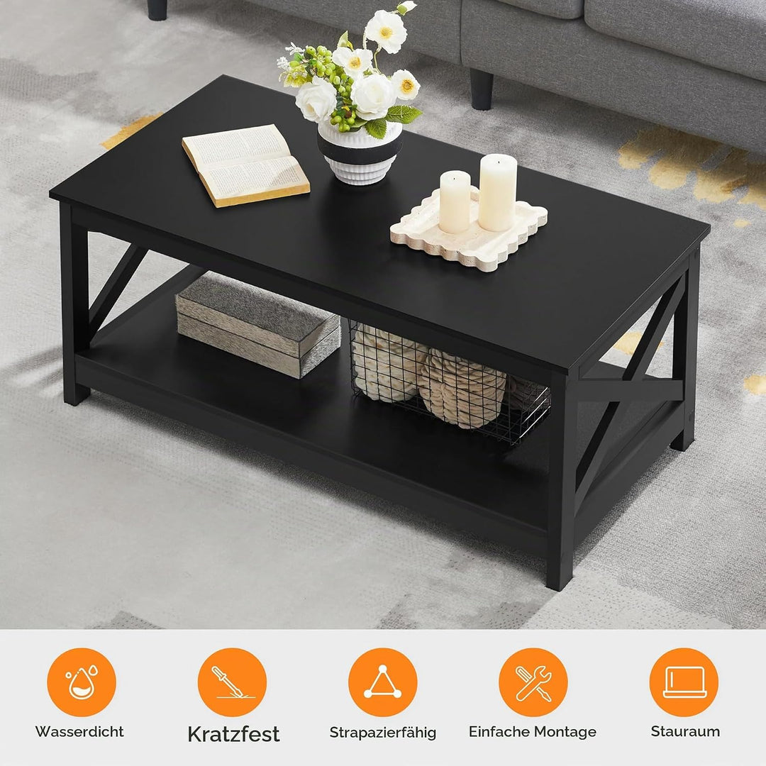 Yaheetech Couchtisch Kaffeetisch mit 2 Ablagen Sofatisch X-Form Stütze Wohnzimmertisch aus Holz Einf