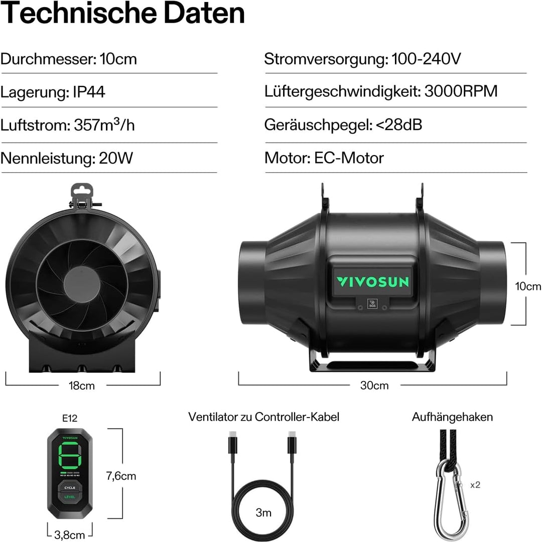 VIVOSUN AeroZesh T4 Rohrventilator 100 mm 357 m³/h Abluftventilator mit E12-Geschwindigkeitsregler,