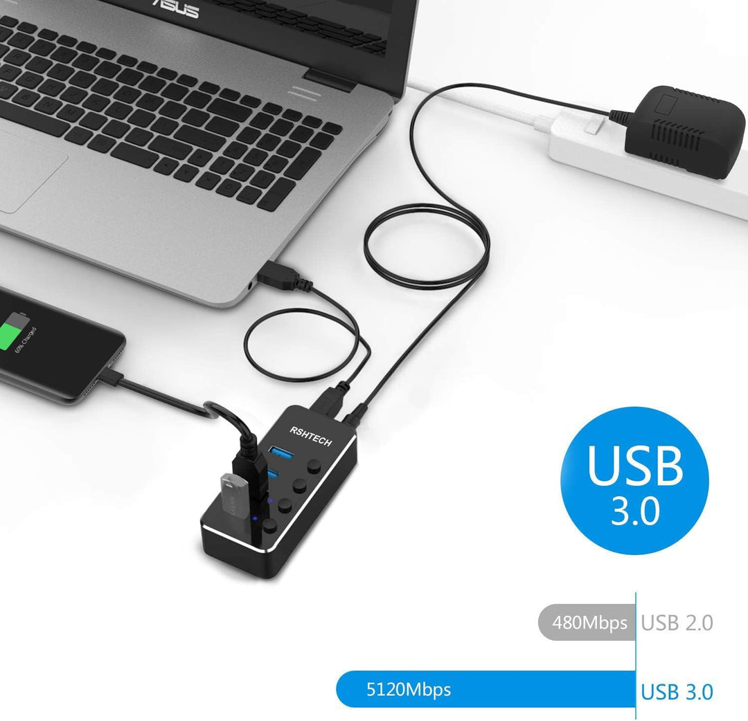 RSHTECH USB Hub Aktiv 3.0 mit Netzteil, USB 3.0 Hub Aktiv mit 4 Ports USB Verteiler 3.0 Datenhub mit