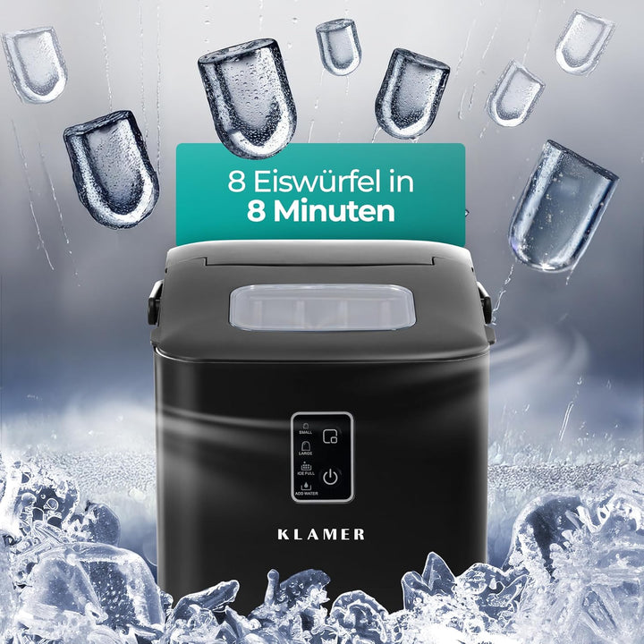 KLAMER Eiswürfelmaschine klein (2025), 8 Eiswürfel in 8 Minuten, 11 kg Eiswürfel pro Tag, 2 Eiswürfe