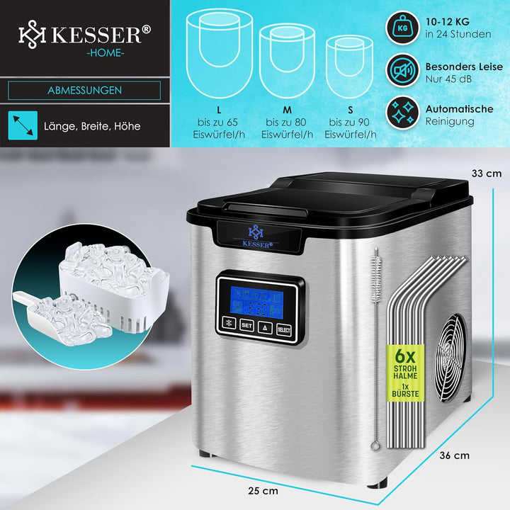 KESSER® Eiswürfelbereiter | Eiswürfelmaschine Edelstahl | 150W Ice Maker | 12 kg 24 h | 3 Würfelgrös