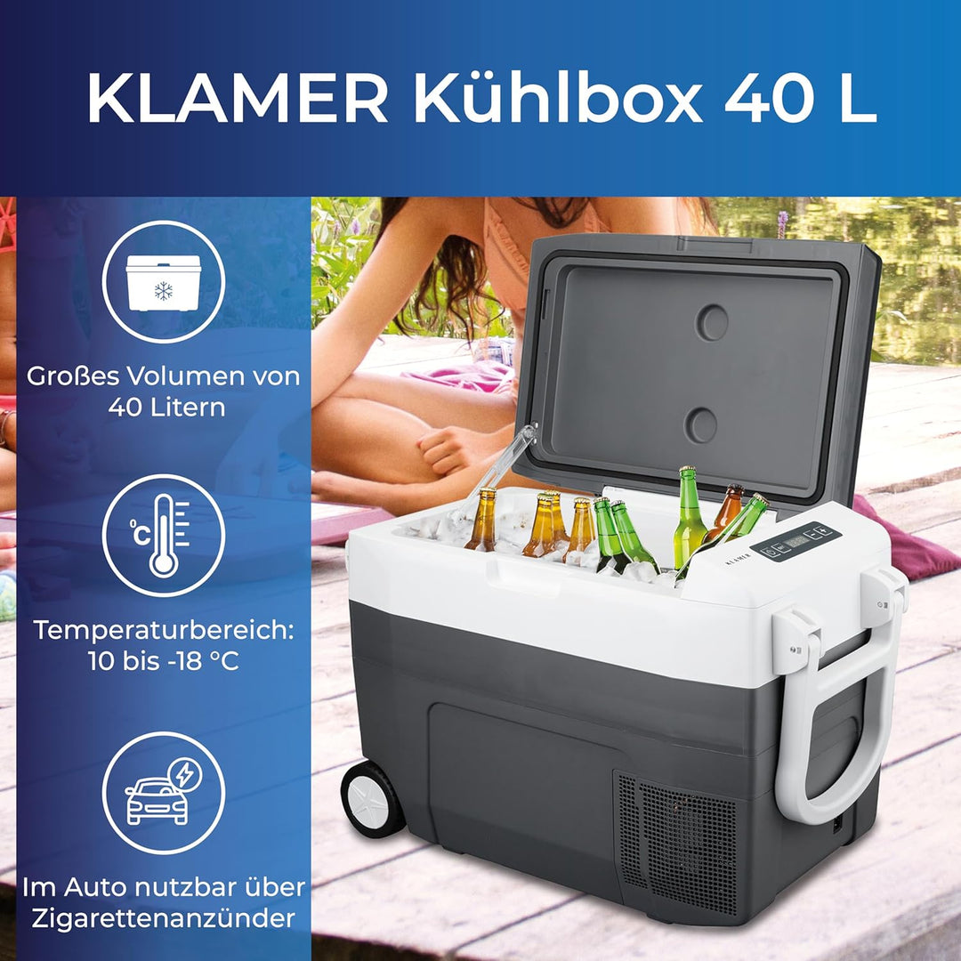 KLAMER Kühlbox XXL, elektrische Kühlbox 40L mit Kompressor, 2 Anschlüsse: 230V & 12V für Zigarettena