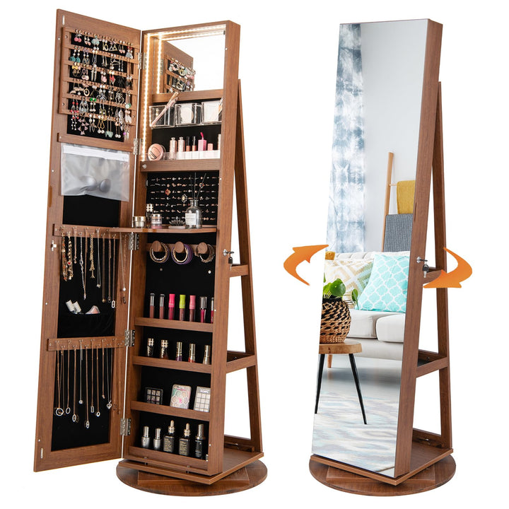 COSTWAY Schmuckschrank mit LED, Spiegelschrank 360° drehbar, mit rahmenlosem Ganzkörperspiegel, Schm