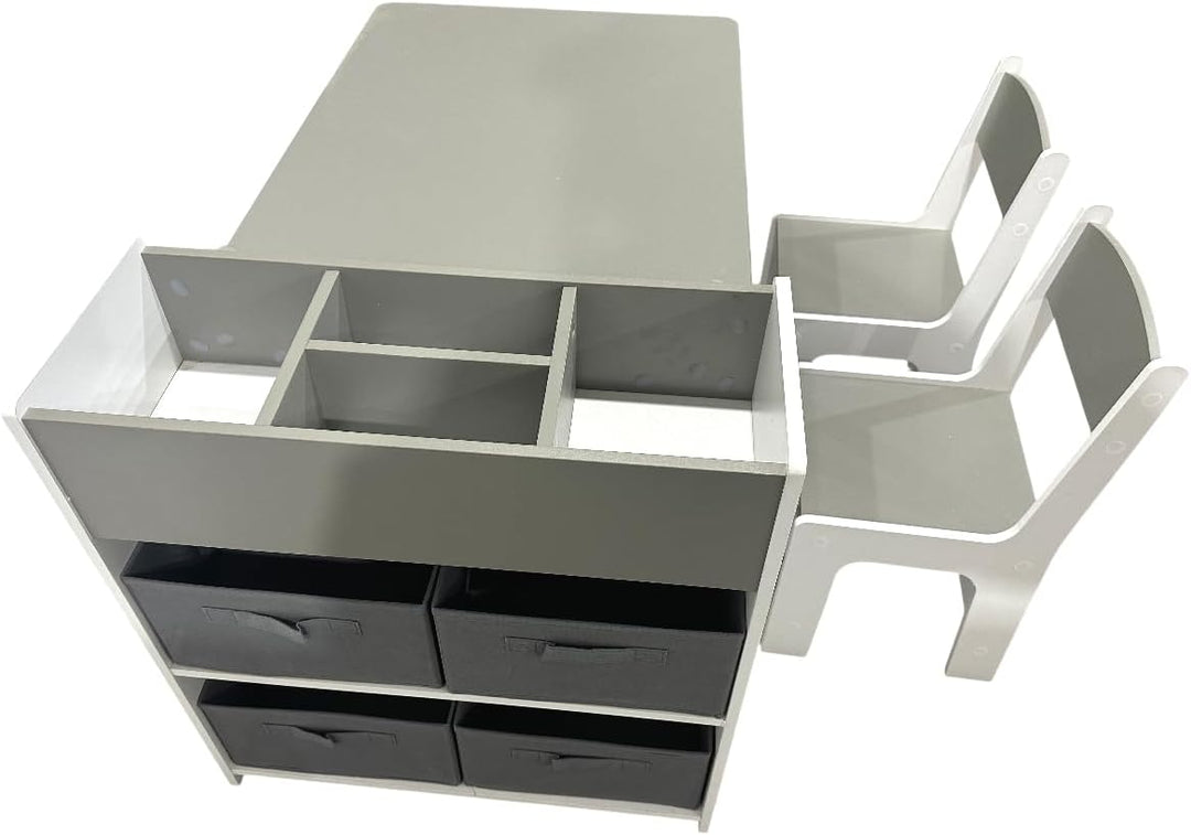 habeig Kinderzimmer Möbelset, MDF Tisch mit 2 Stühlen und Regalschrank in Grau/Weiss, 4 Stoffkörbe,