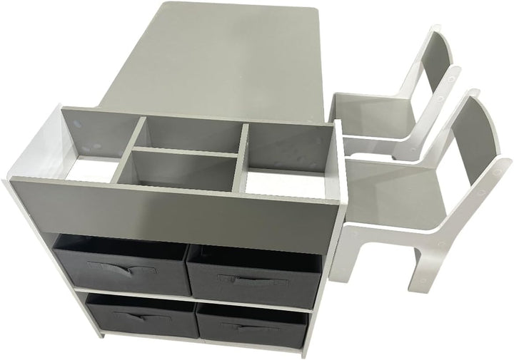 habeig Kinderzimmer Möbelset, MDF Tisch mit 2 Stühlen und Regalschrank in Grau/Weiss, 4 Stoffkörbe,