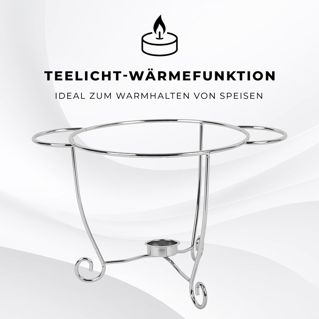 Wärmebehälter für Speisen mit Glaseinsatz - 3.9L - Teelicht Warmhalteplatte - Edelstahl Gestell und