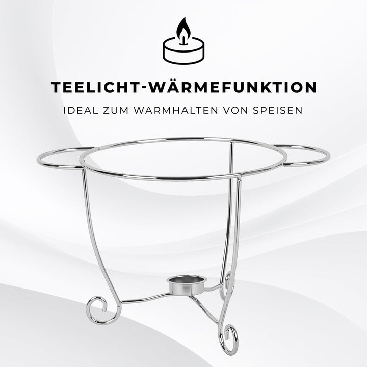 Wärmebehälter für Speisen mit Glaseinsatz - 3.9L - Teelicht Warmhalteplatte - Edelstahl Gestell und