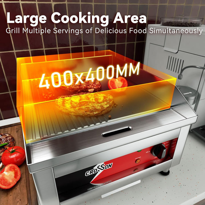 CROSSON Profi Gastro Grillplatte Elektrisch mit halb glatter und halb gerillter Grillfläche (40 x 40
