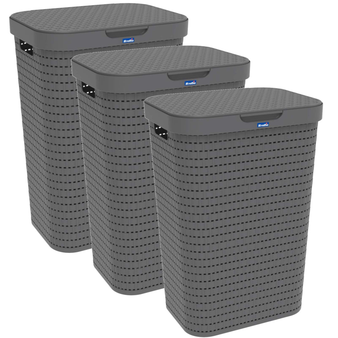 Rotho Country 3er-Set Wäschesammler 55l mit Deckel, Kunststoff (PP) BPA-frei, anthrazit, 3x55l (42,0
