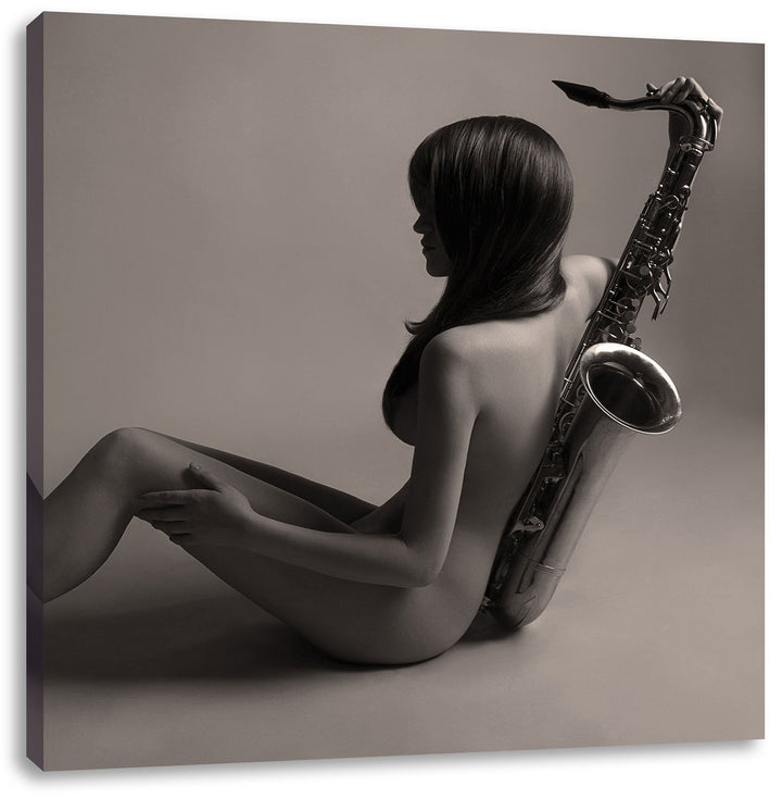 Pixxprint Attraktive Frau mit Saxophone als Leinwandbild | Grösse: 70x70 cm | Wandbild | Kunstdruck