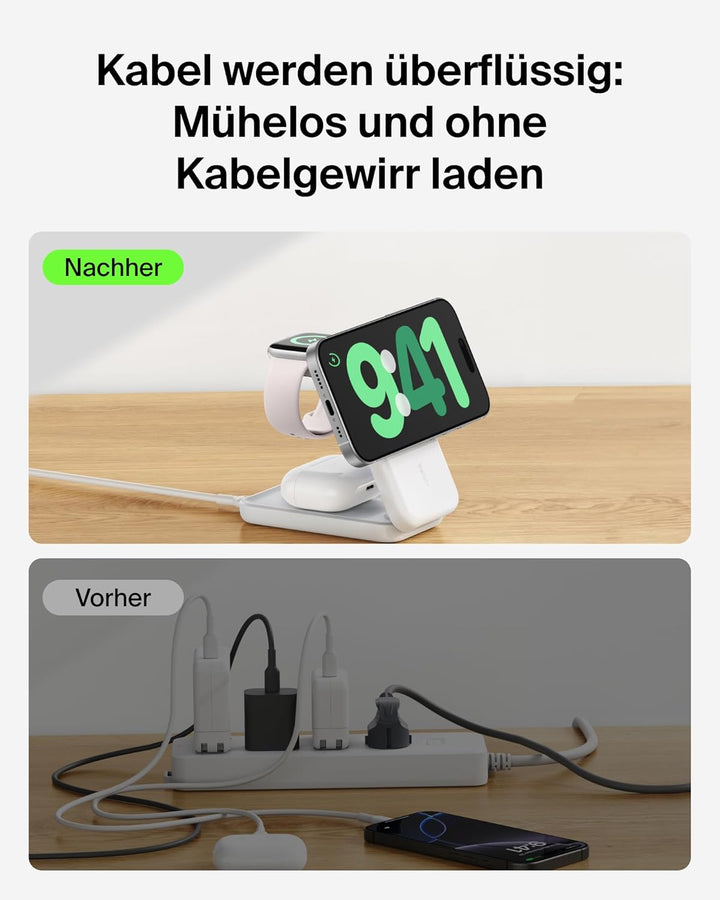 Belkin UltraCharge 3 in 1 Ladestation mit Qi2.2, 25W, Ladegerät MagSafe Kompatibel, Induktive Ladest