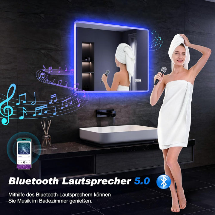 SONNI Badspiegel mit Beleuchtung 80x60 cm, LED Spiegel mit Bluetooth und Touch-Schalter, Dimmbar, Be