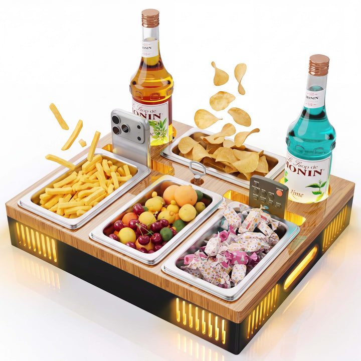 Couchbar Snackbox mit Leuchteffekt Sofa Holz Organizer Tablett Sofatablett, Couch Bar mit Getränkeha