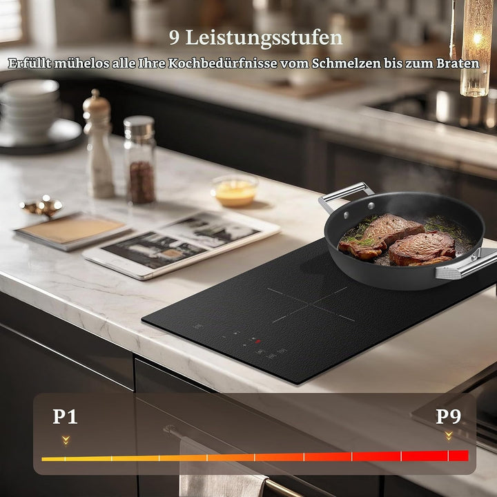 Induktionskochfeld 2 Platten Einbau, Induktionskochfeld mit Mattiertes Glas, Boost-Funktion, 9 Leist