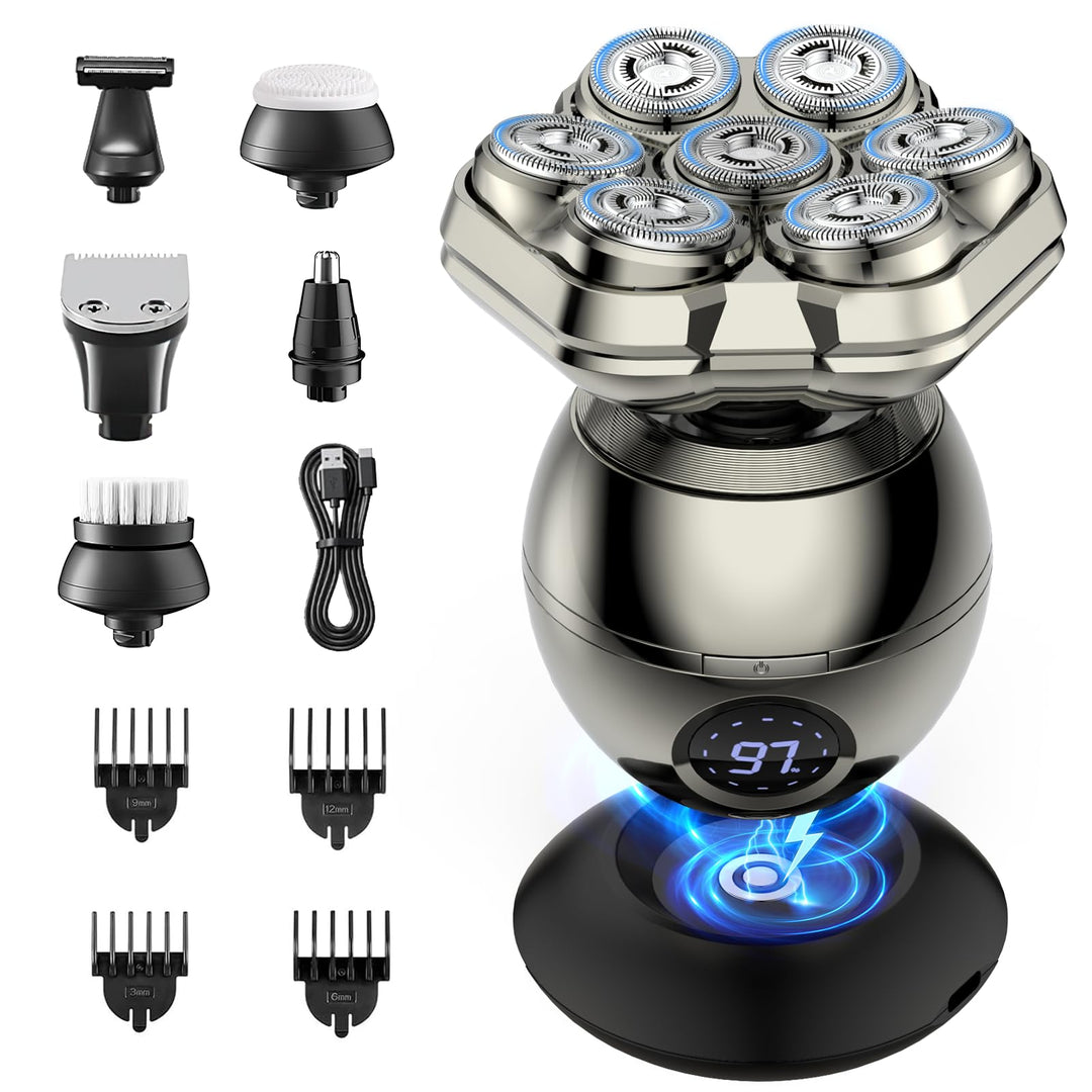 Glatzen Rasierer Herren, 6-in-1 Kopfrasierer Glatze mit 7D Magnetische Schwebender Kopf, IPX7 Wasser