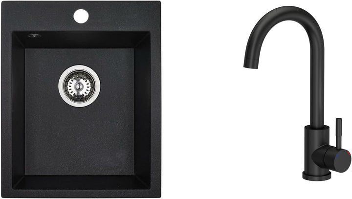 VBChome Spülbecken 48 x 39 cm Einzelbecken Schwarz Granit Rechteckig Einbauspüle Gesprenkelt Grosses