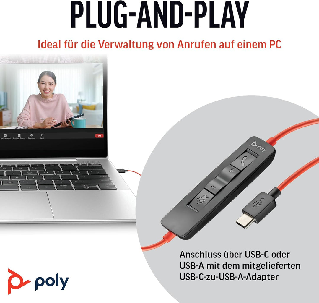 Schnurgebundenes USB-C-Headset Poly Blackwire 3220 – Noise Cancelling-Mikrofon – Stereo-Design – Ver
