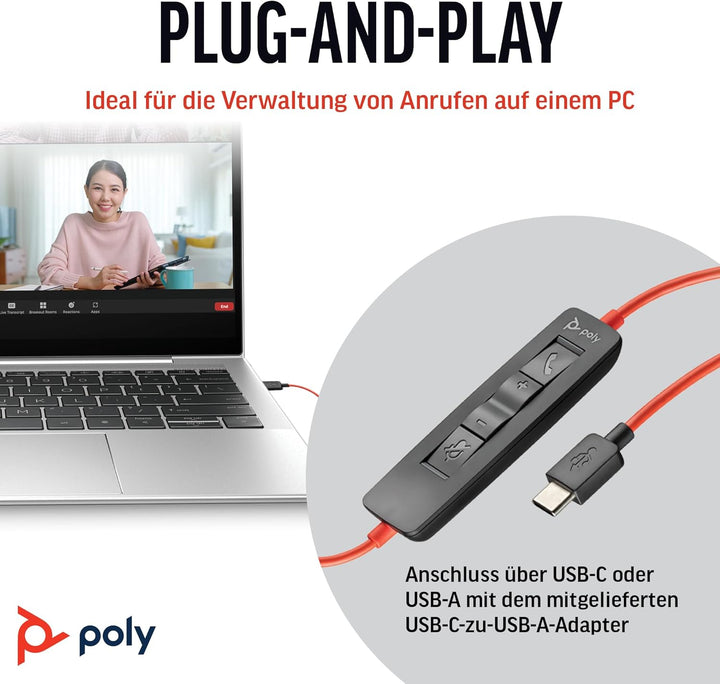 Schnurgebundenes USB-C-Headset Poly Blackwire 3220 – Noise Cancelling-Mikrofon – Stereo-Design – Ver