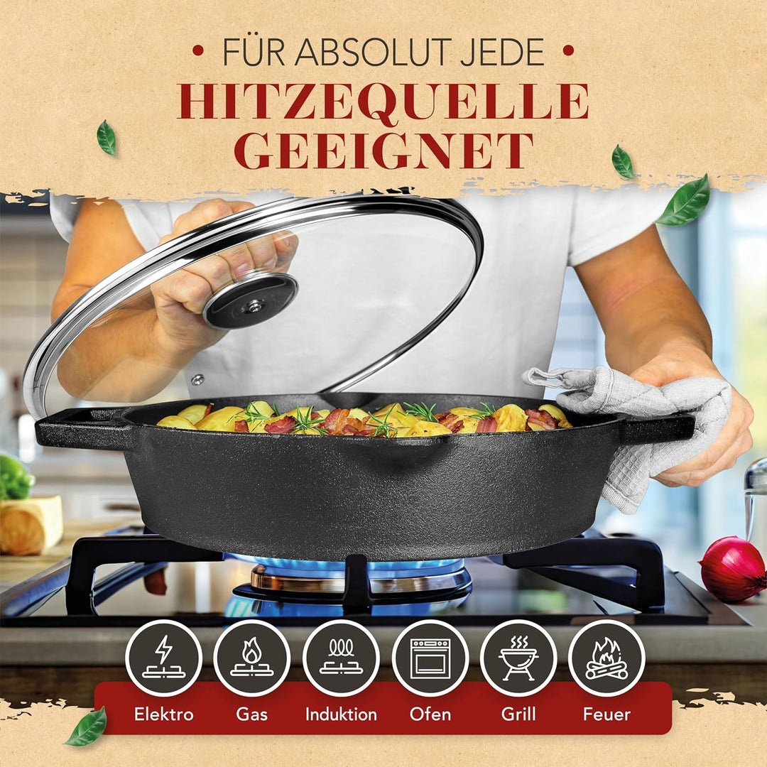 KRUSTENZAUBER 32cm Gusseisenpfanne Induktion - Voreingebrannte Gusseisen Pfanne - Ideale Grillpfanne
