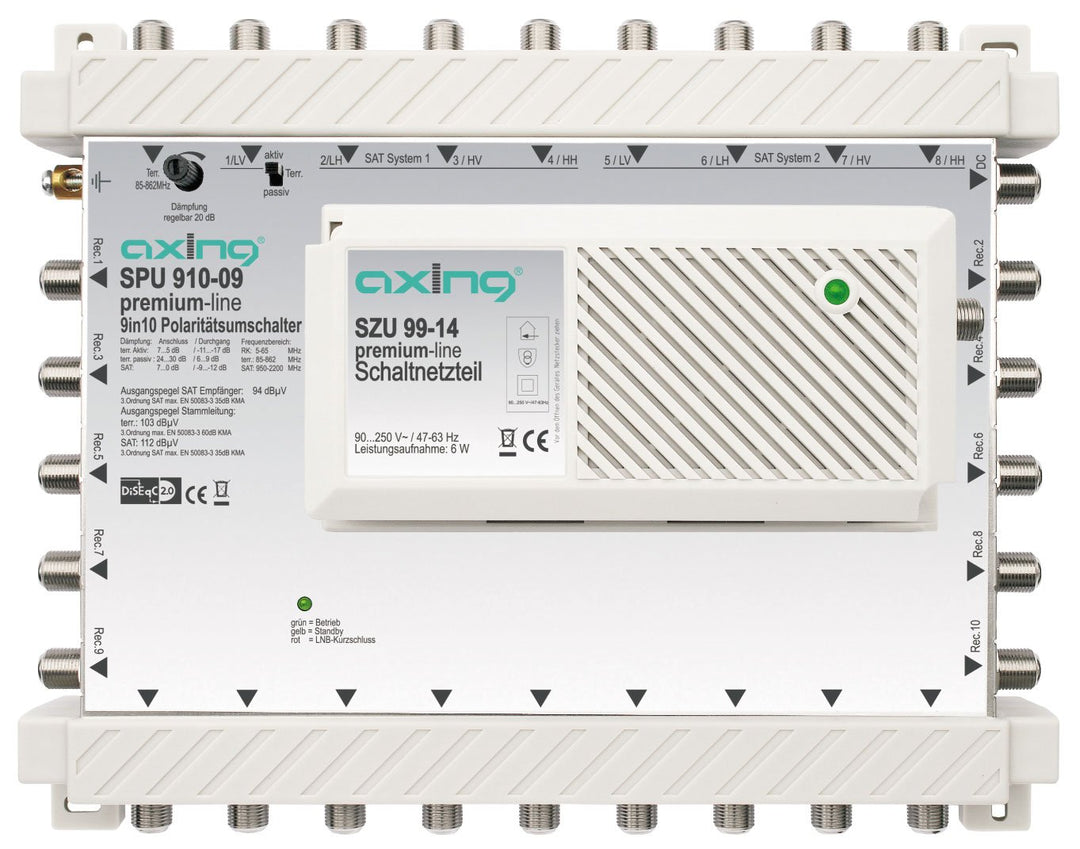 Axing SPU 910-09 SAT-Multischalter 10 Teilnehmer DiSEqC erweiterbar aktiv Quad-tauglich energiespare