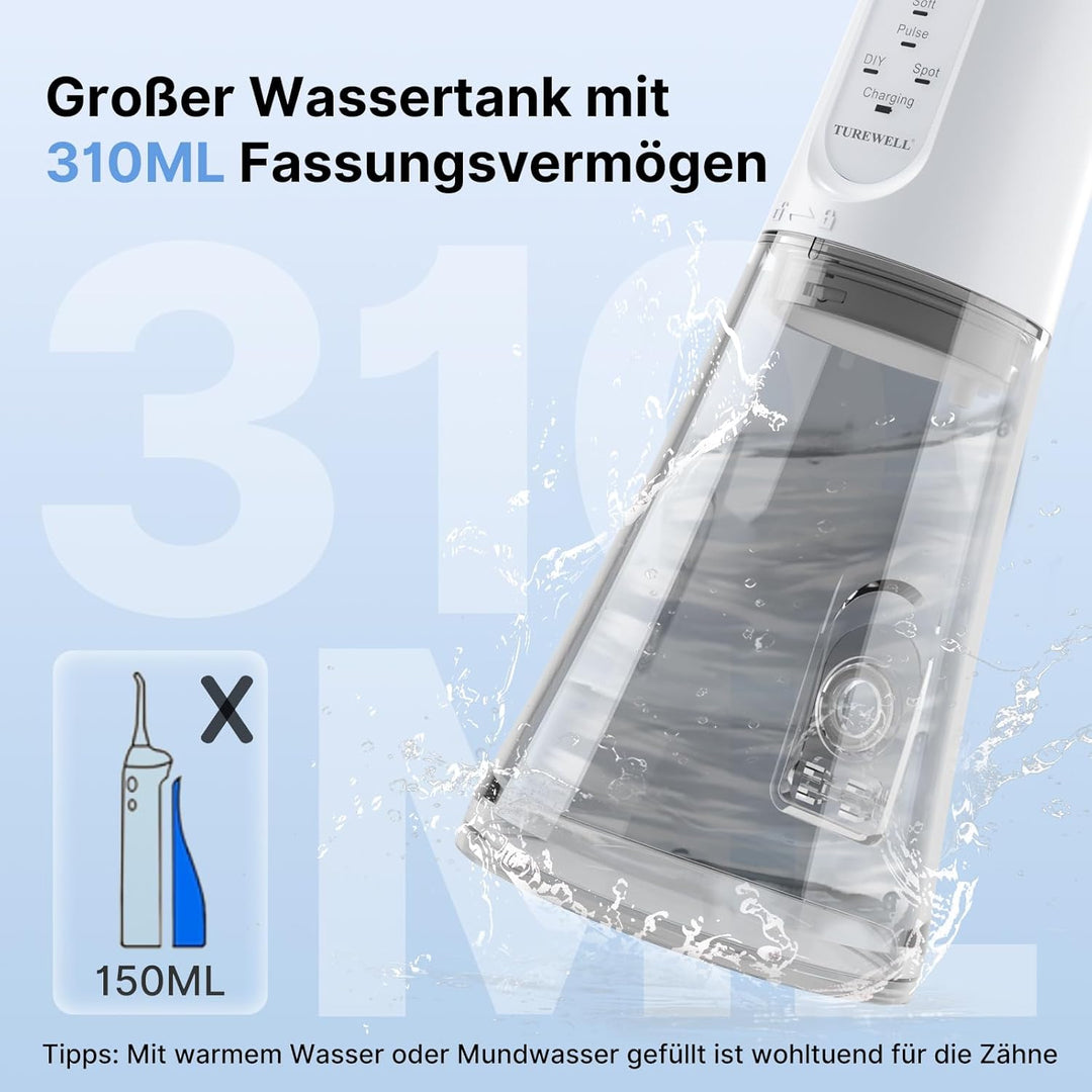 TUREWELL Munddusche Kabellos, Elektrische Zahnreiniger mit 5 Modi, 4 Düsen, 310ML Wassertank & IPX7