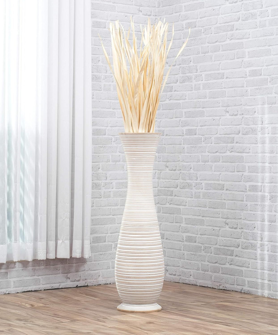Leewadee Grosse Bodenvase für Dekozweige hohe Standvase Design Holzvase, Holz, 90 cm, White wash 90