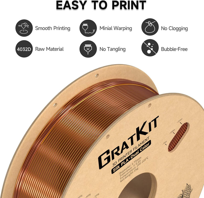 GratKit Dual Zweifarbig Seide Filament PLA 1.75mm, -0.03mm, Coextrusion PLA Filament, 3D Drucker Fil