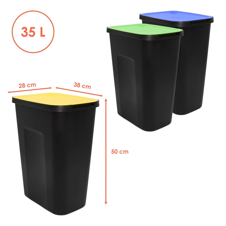 Spetebo Abfalleimer schwarz mit farbigem Klappdeckel 3er Set - 35 L - Mülltrennsystem für Kunststoff