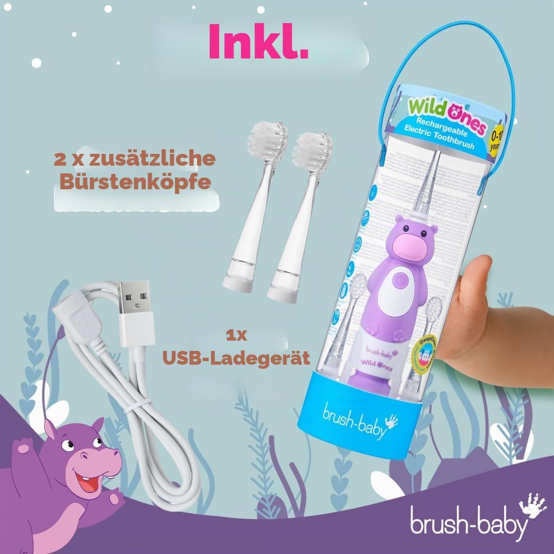 Brush-Baby WildOnes Kinder Elektrische Wiederaufladbare Zahnbürste, 1 Griff, 3 Bürstenköpfe, USB-Lad