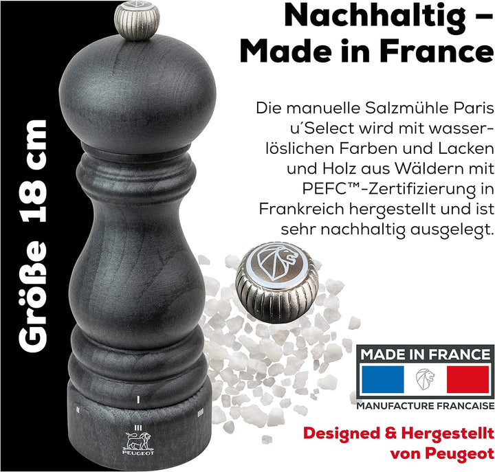 PEUGEOT - Salzmühle Paris u‘Select 18 cm - 6 voreingestellte Mahlgrade - Aus PEFC-zertifiziertem Hol