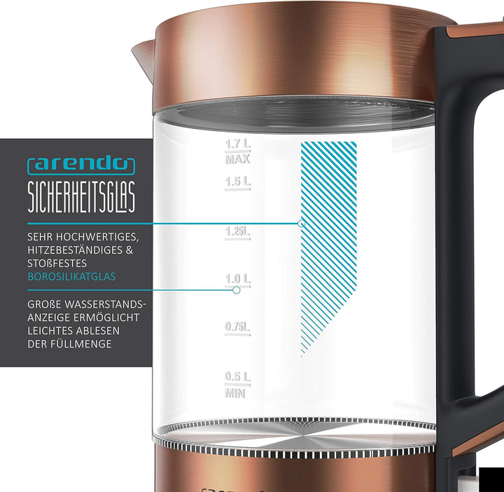 Arendo - Glas Wasserkocher Edelstahl - 1,7 Liter - 2200W - Cool Touch Griff - One Touch Verschluss -