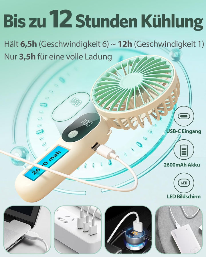 2 Stück Mini Handventilatoren Akku Aufladbar,Tragbarer USB Klein Hand Ventilator Sehr Leise,LED Anze
