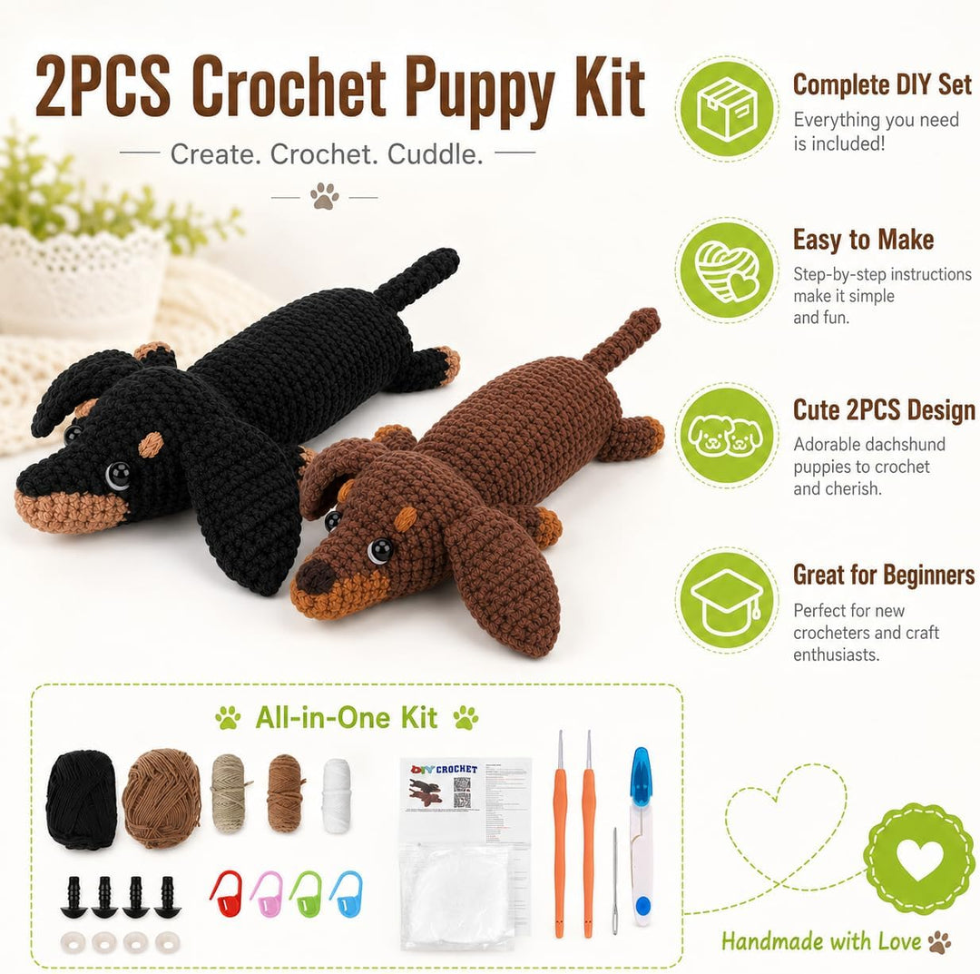 Houkiper Häkelset für Anfänger, Häckel Kit für Anfänger Tiere Häkeln Set Dackel Hund Crochet Set mit