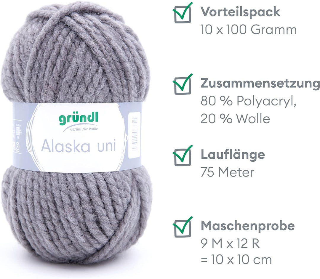 Gründl Alaska uni (Strick- und Häkelgarn mit wollartigem Charakter aus 80 % Polyacryl und 20 % Wolle