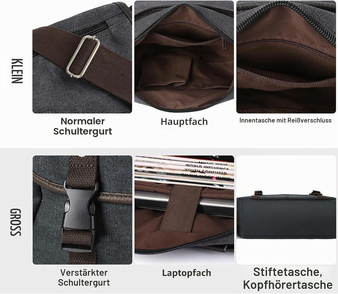 Umhängetaschen Herren aus Canvas, Vintage Canvas Messenger Bag, Laptoptasche 15.6 Zoll Arbeitstasche