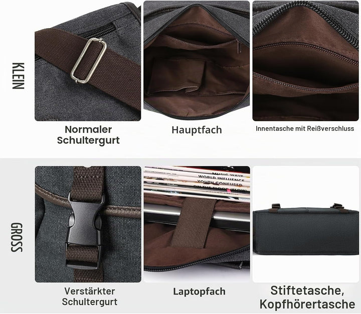 Umhängetaschen Herren aus Canvas, Vintage Canvas Messenger Bag, Laptoptasche 15.6 Zoll Arbeitstasche