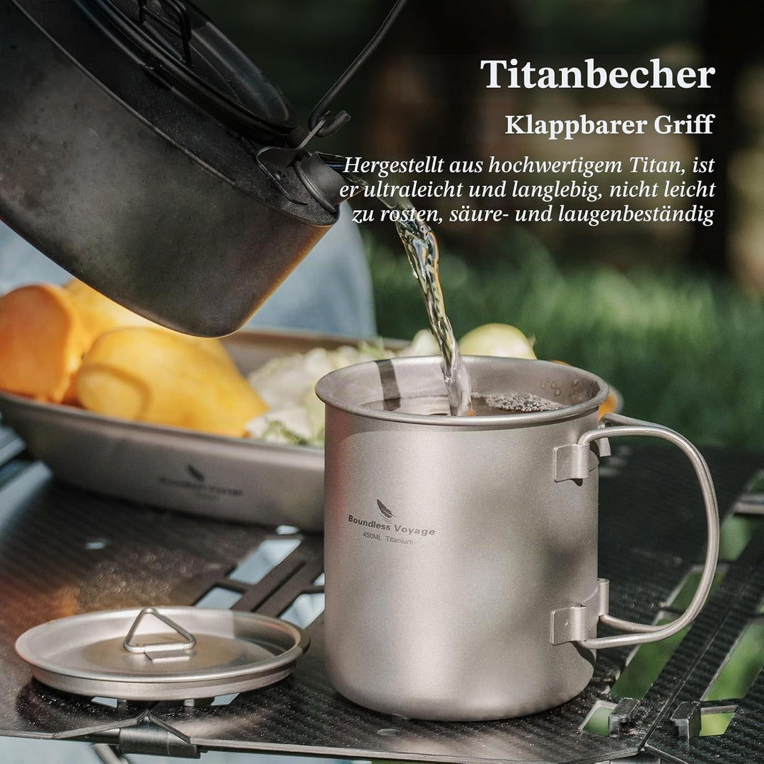 iBasingo 450ml Camping Becher Outdoor Tasse Titan Trinkbecher Mug mit Deckel &amp; Klappgriff Ultraleich