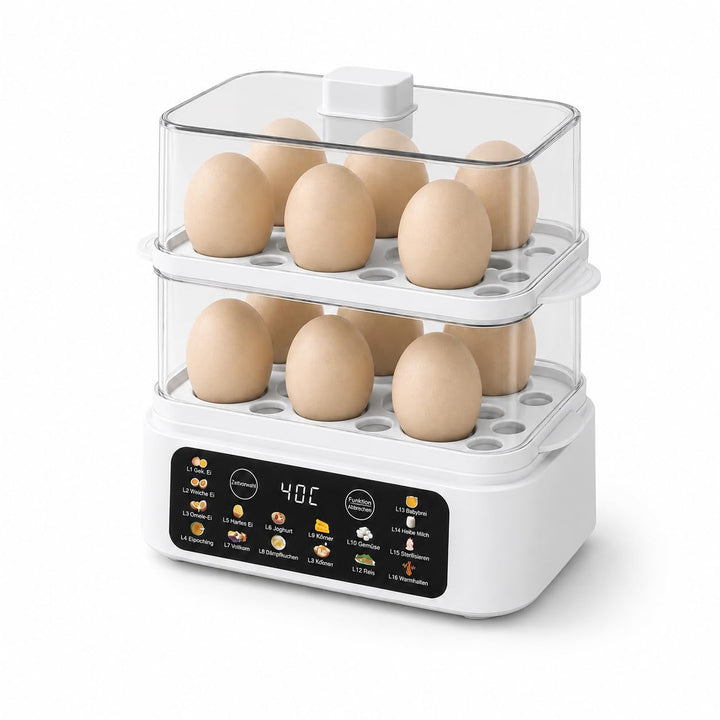 Eierkocher für 12 Eier, Multifunktions-Dampfgarer 2,5L mit 16 Programmen, 300W Eier Kocher mit Edels