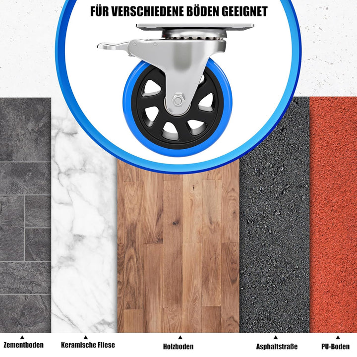 4 Stück 100mm Schwerlastrollen inkl. Montagezubehör Transportrollen Möbelrollen mit Bremsem 360° Dre