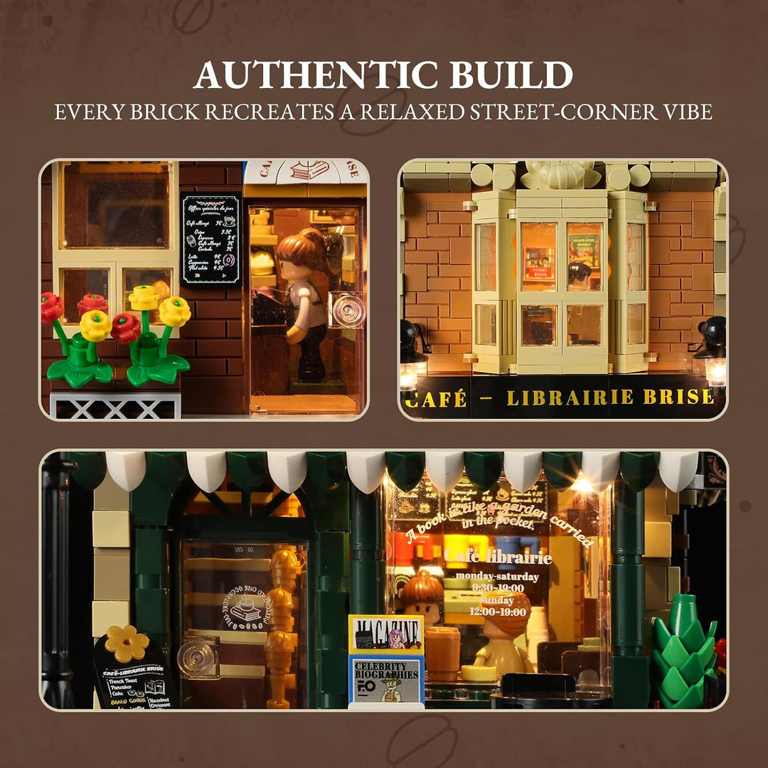 LUMIBRICKS Book Café Beleuchtetes Klemmbaustein-Set, 1707 Teile Modulares Café- und Buchladen-Modell