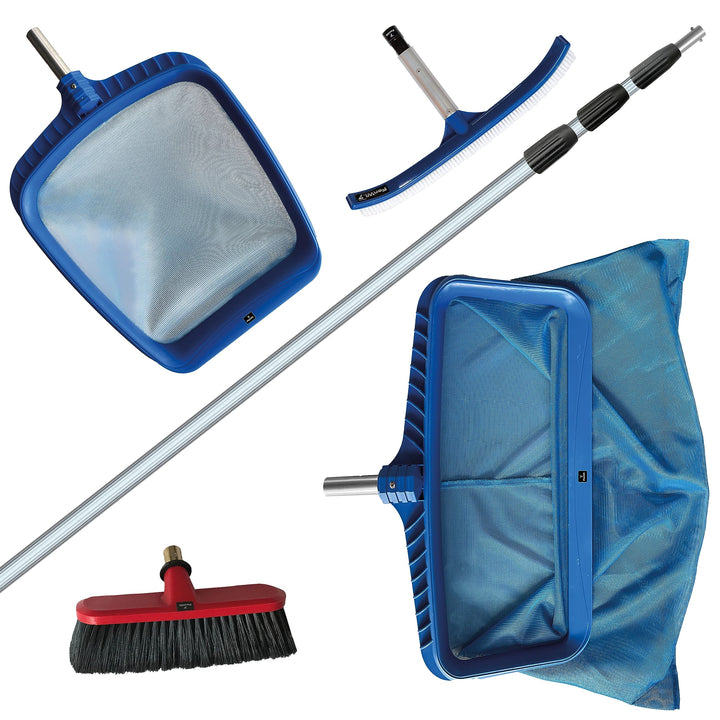 FenWi 10m Teleskop Pool Teich Set mit 2X Kescher und 2X Bürste/Teleskopstange mit Oberflächenkescher