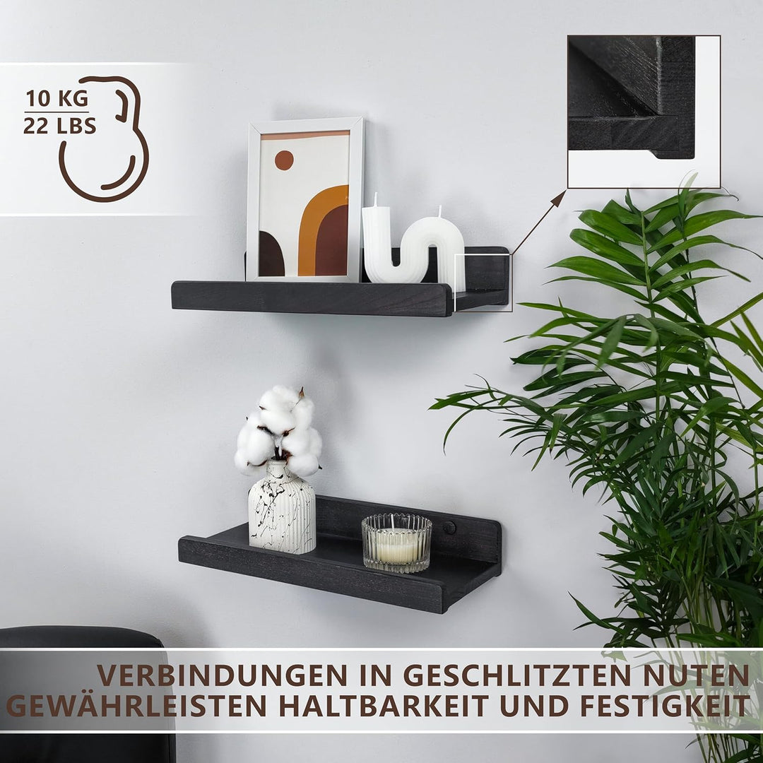 Handgearbeitet Wandregal Schwarz 30 cm, Regal Wand Holz 2er-Set, Hängeregal Wandhalterung Regalbrett