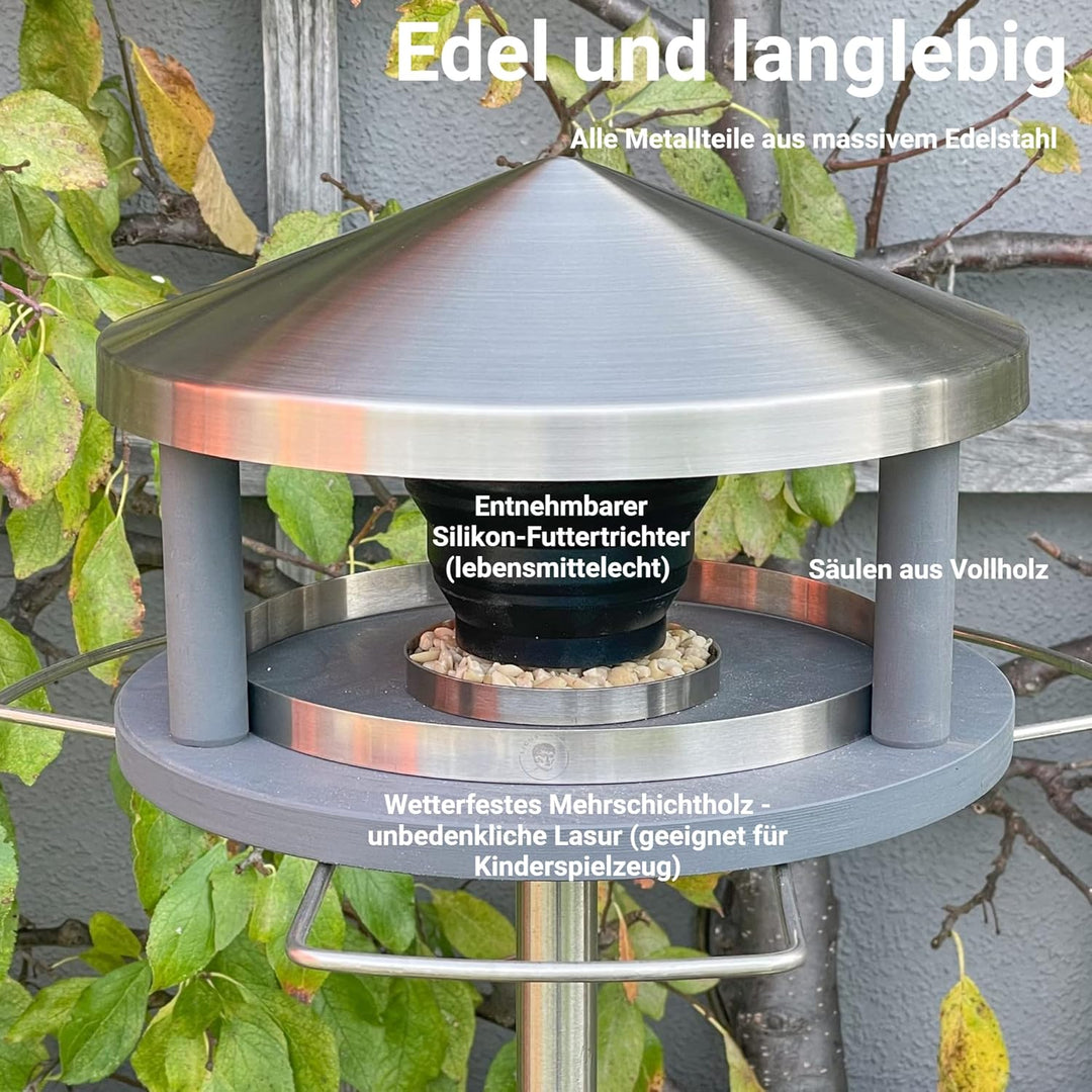 Vogelhaus mit Ständer wetterfest aus Edelstahl - Stabiles Vogelfutterhaus für draussen, modern aus M