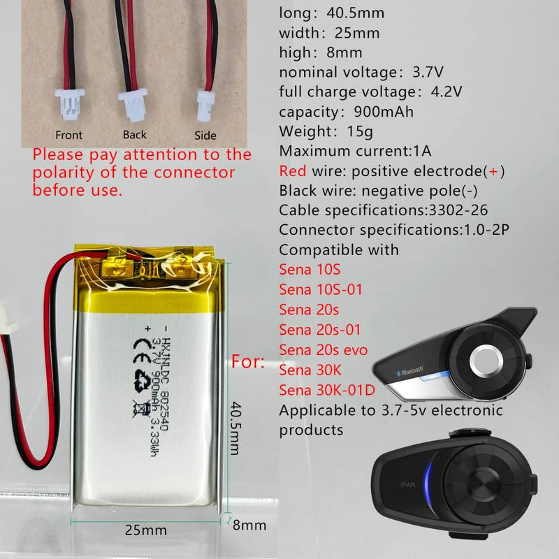 802540 3,7 V 900 mAh Lithiumbatterie für Sena 10S Serie Sena 10S-01 und Sena 20s Serie Sena 20s-01 S